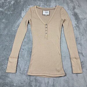 Vtg Abercrombie & Fitch Top Womens L Beige Henley Ribbed V Neck Y2K Bella Swan
